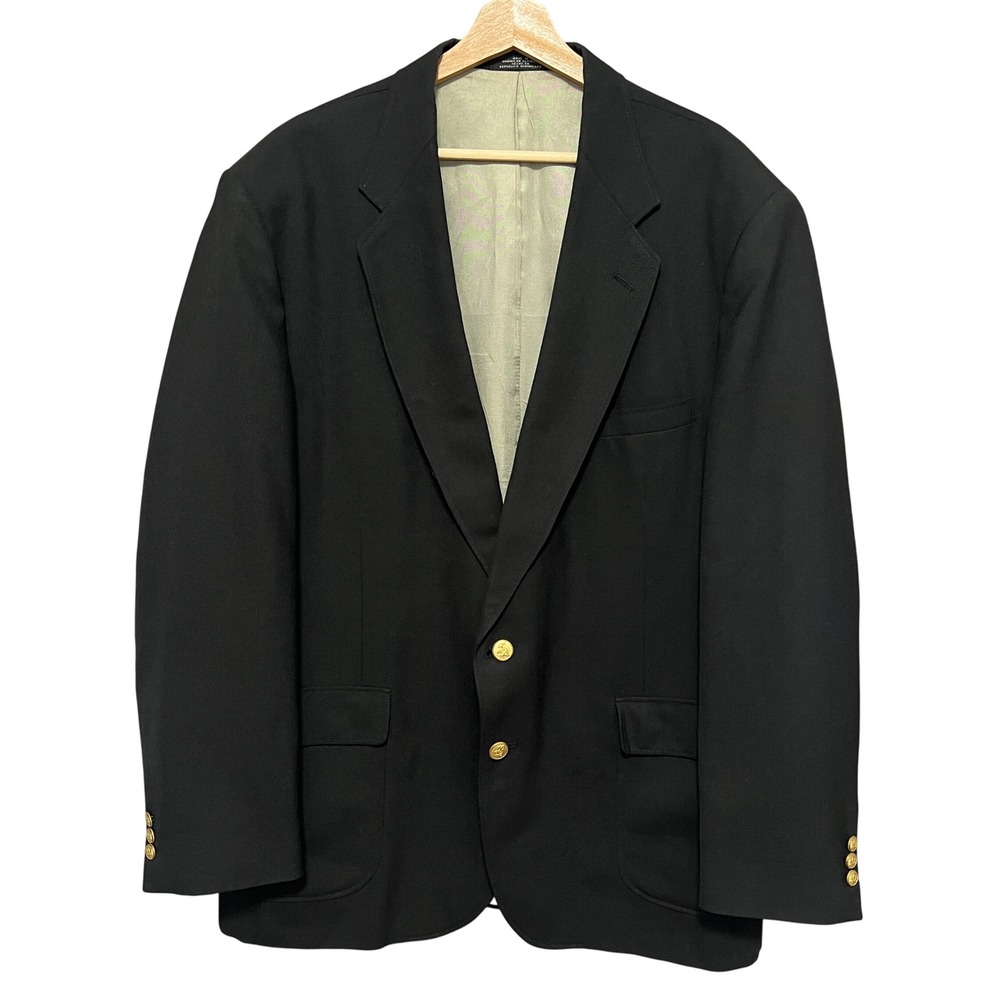 Vtg Stafford Mens Classic Black Blazer 46L Long Gold Crest‎ Buttons University